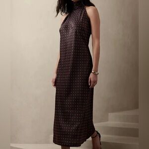Banana Republic Halter Sheath Maxi Dress Geometric Print Tie Neck Holiday Medium